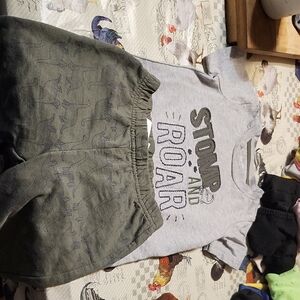 Gray Dinosaur T-Shirt and Green Shorts Set